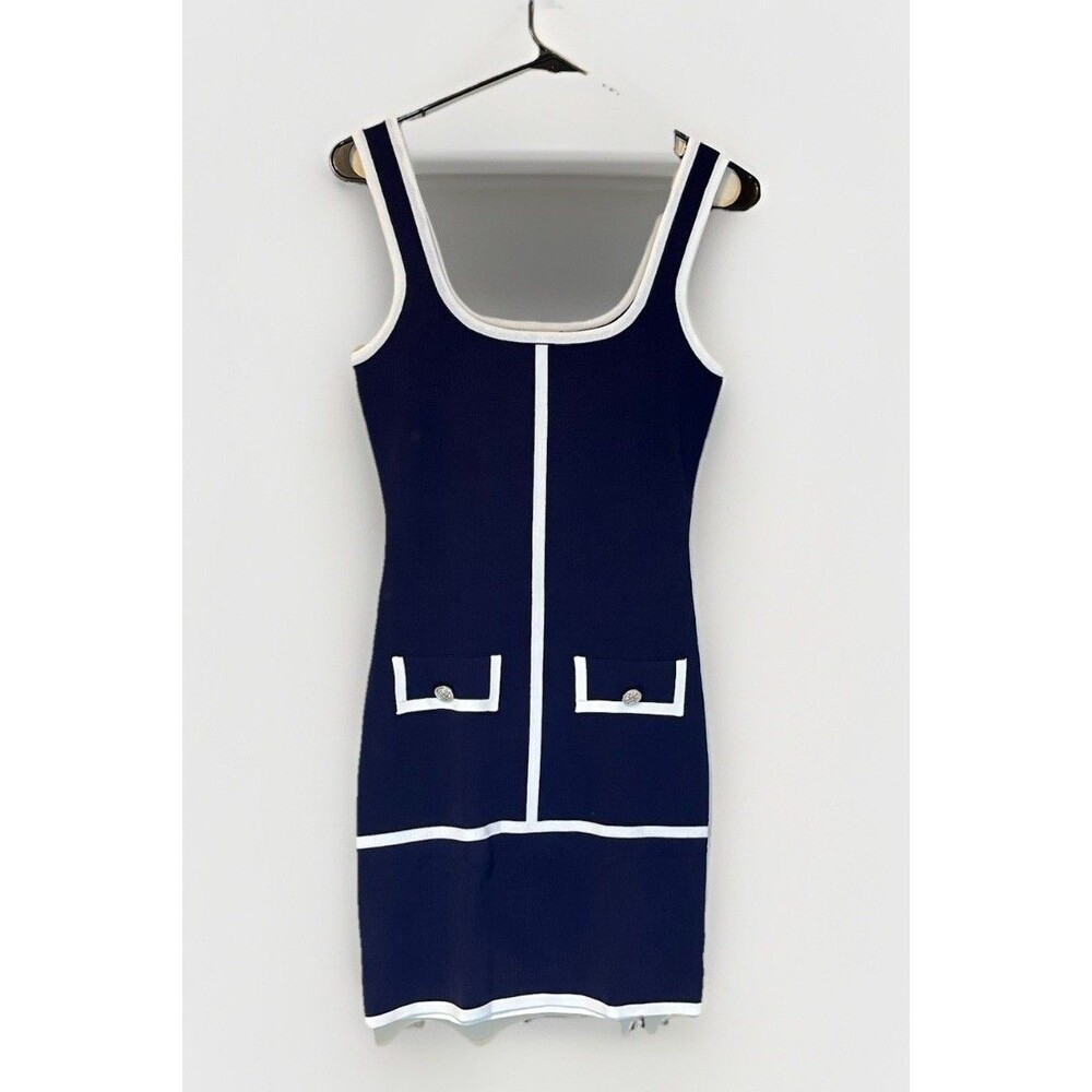 Sleeveless Bodycon Square Neck Knit Mini Tank Dress M.Infisavo Sz XS Blue White